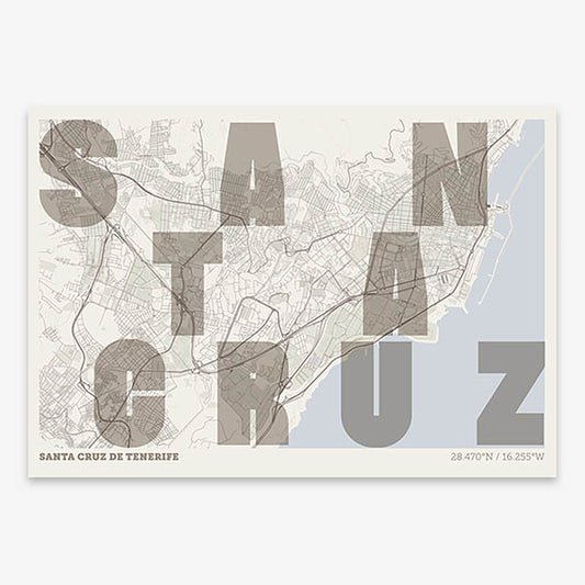 Decorative print of Santa Cruz de Tenerife with letters of its name placed randomly, designed in light brown and an off-white background
