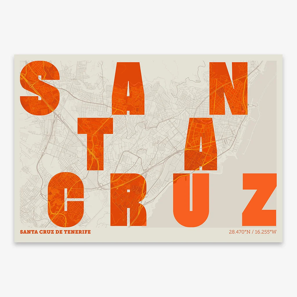 Decorative print of Santa Cruz de Tenerife with letters of its name placed randomly, designed in orange and an off-white background