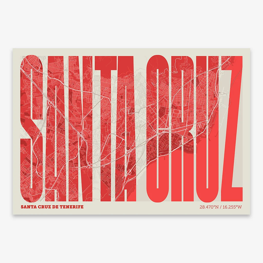 Decorative map of Santa Cruz de Tenerife and letters of its name in a giclée print designed in red and an off-white background