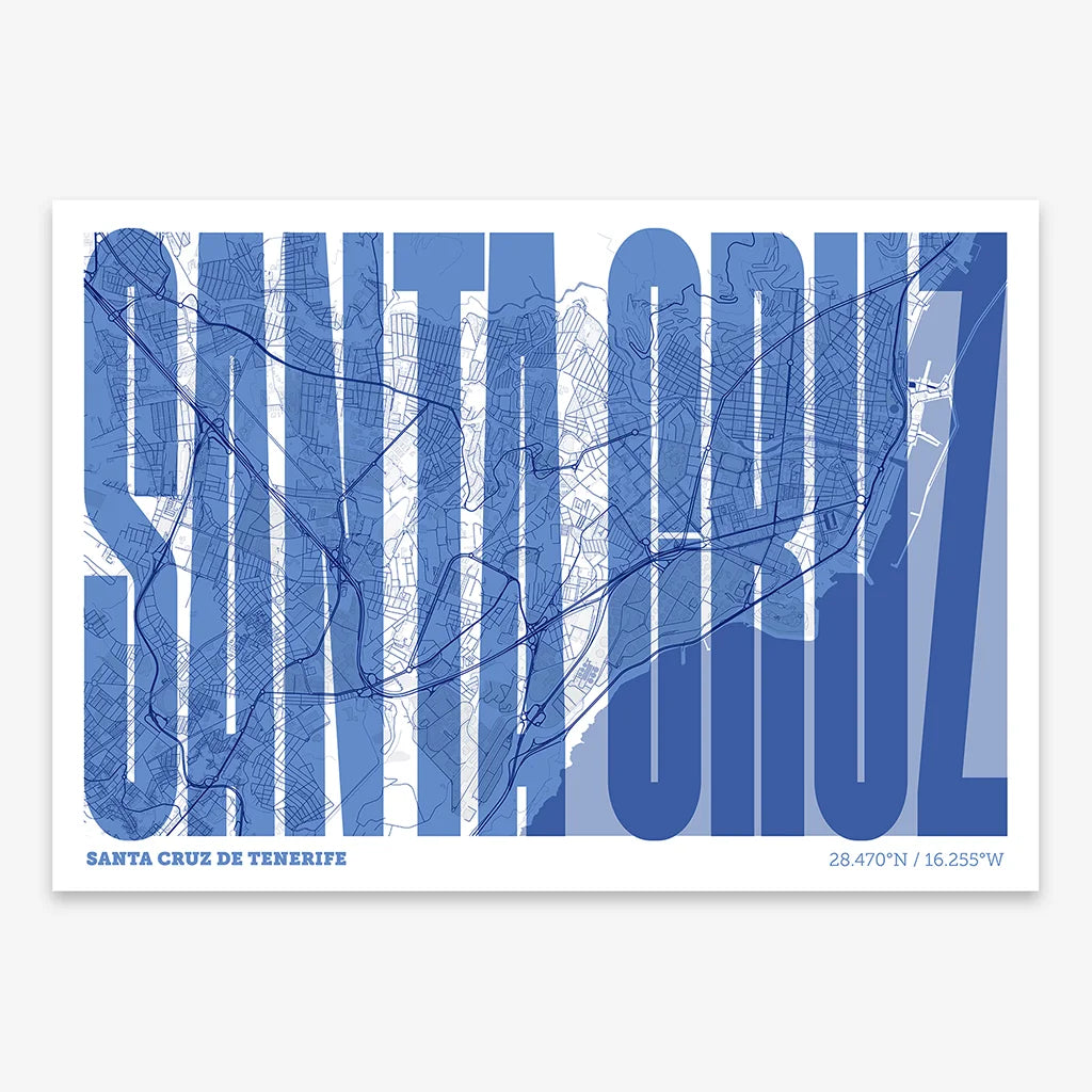 Decorative map of Santa Cruz de Tenerife and letters of its name in a giclée print designed in navy blue and white