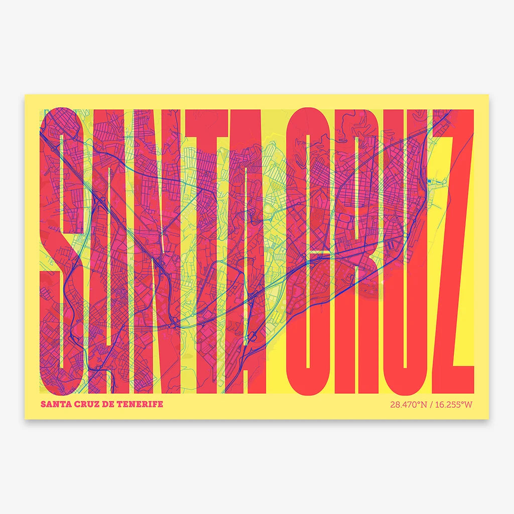 Decorative map of Santa Cruz de Tenerife and letters of its name in a giclée print designed in yellow and fuchsia
