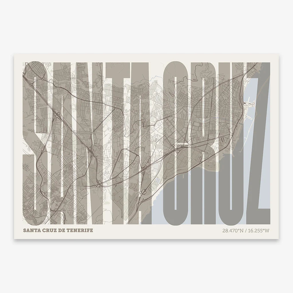 Decorative map of Santa Cruz de Tenerife and letters of its name in a giclée print designed in light brown and an off-white background