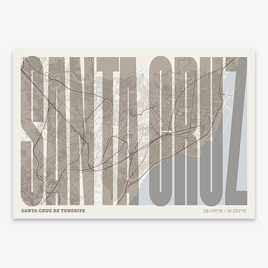 Decorative map of Santa Cruz de Tenerife and letters of its name in a giclée print designed in light brown and an off-white background