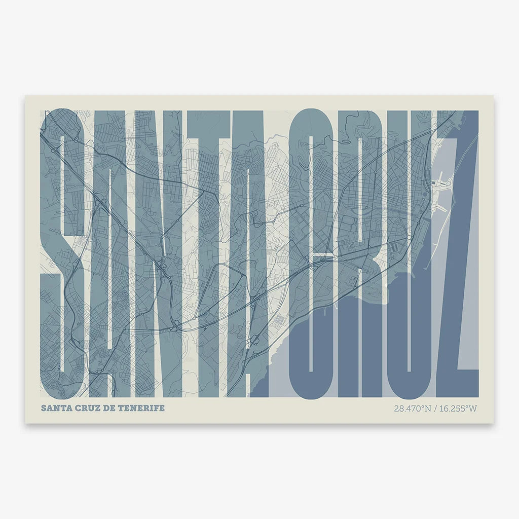 Decorative map of Santa Cruz de Tenerife and letters of its name in a giclée print designed in bluish gray and an off-white background