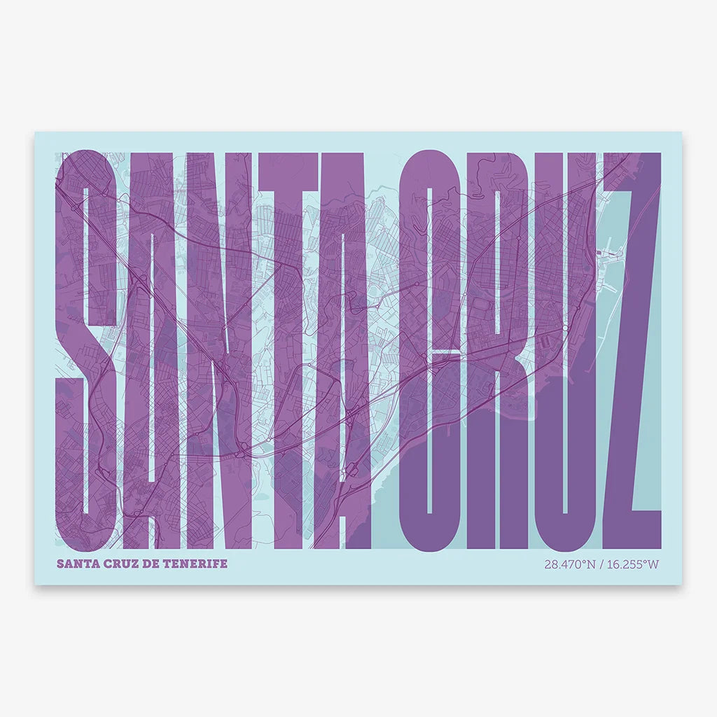 Decorative map of Santa Cruz de Tenerife and letters of its name in a giclée print designed in purple and light blue