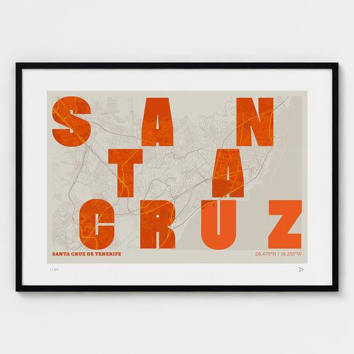Lámina tipográfica de Santa Cruz de Tenerife – diseño Revoltosa, marco negro
