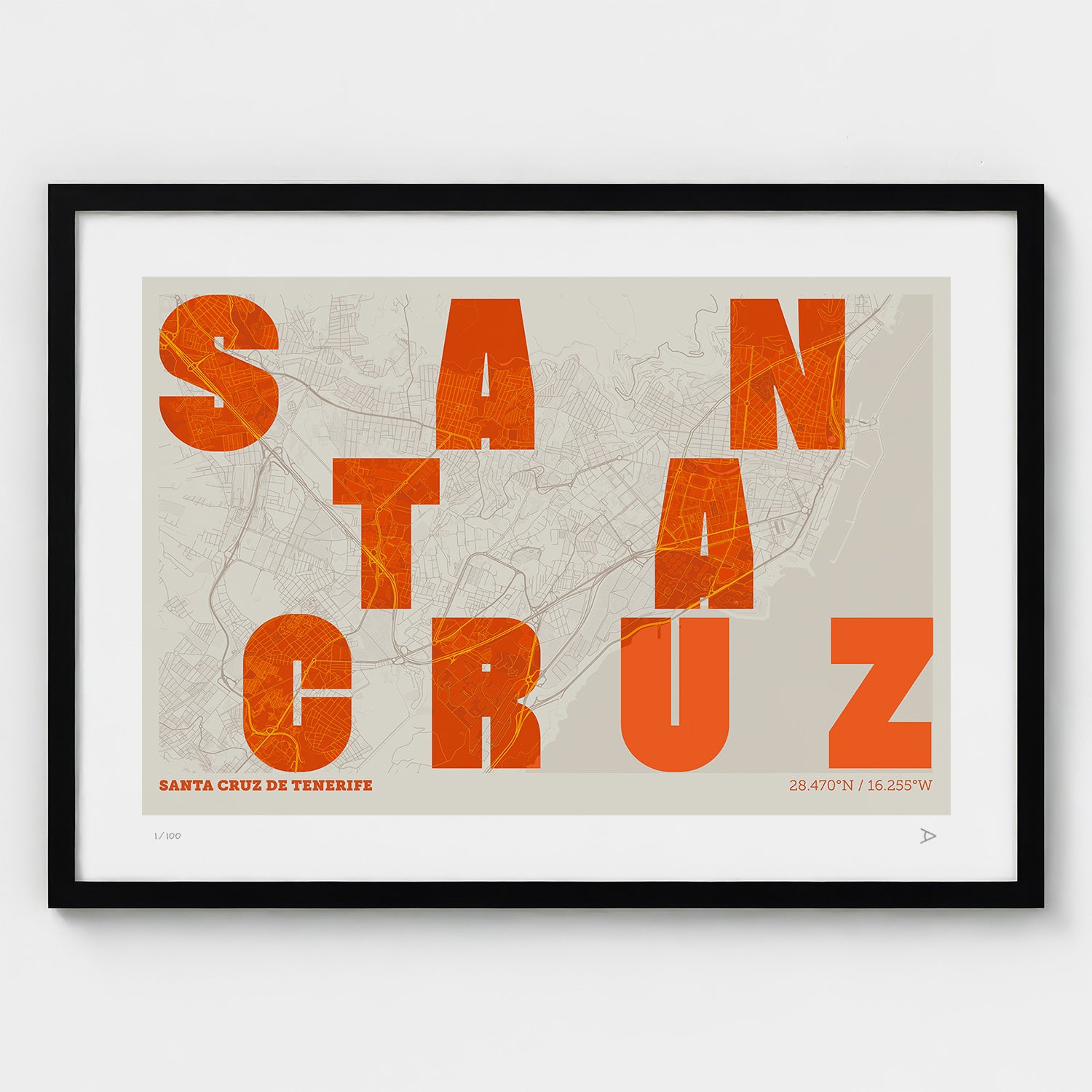 Lámina tipográfica de Santa Cruz de Tenerife – diseño Revoltosa, marco negro