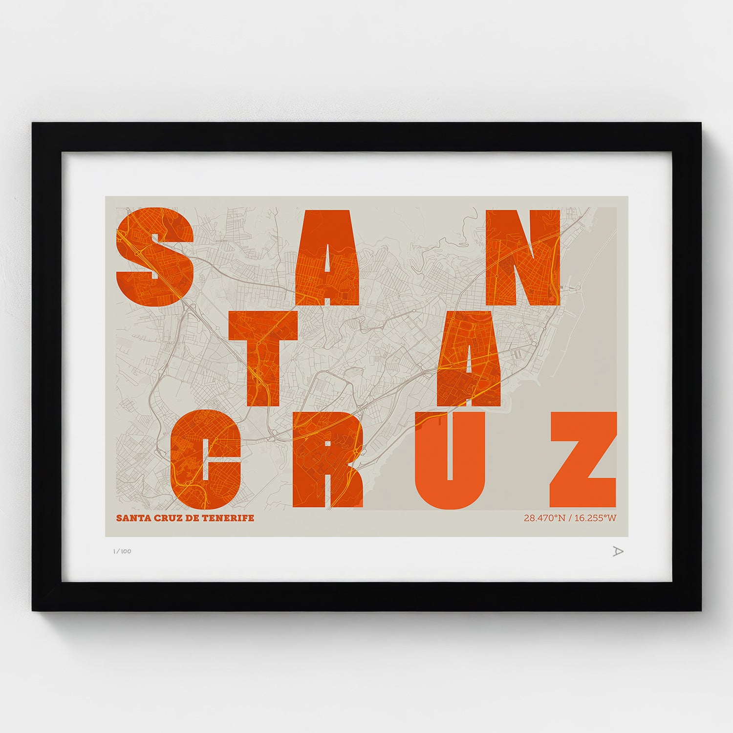 Lámina tipográfica de Santa Cruz de Tenerife – diseño Revoltosa, marco negro