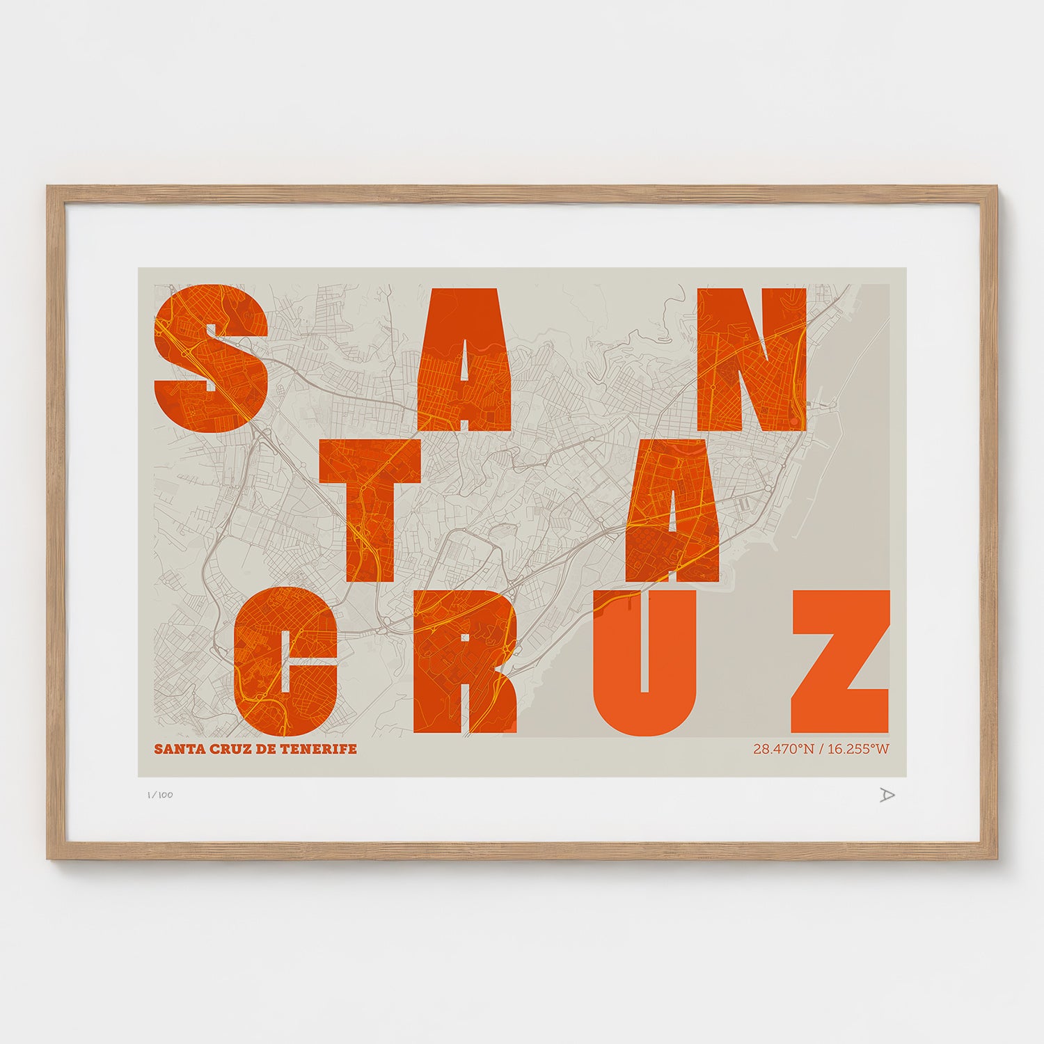 Lámina tipográfica de Santa Cruz de Tenerife – diseño Revoltosa, marco de madera natural