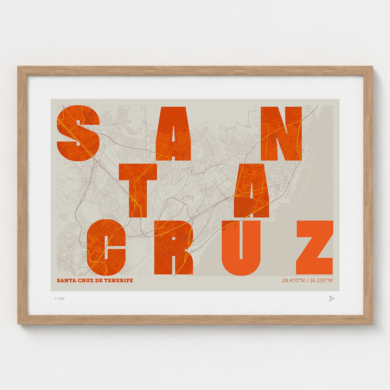 Lámina tipográfica de Santa Cruz de Tenerife – diseño Revoltosa, marco de madera natural