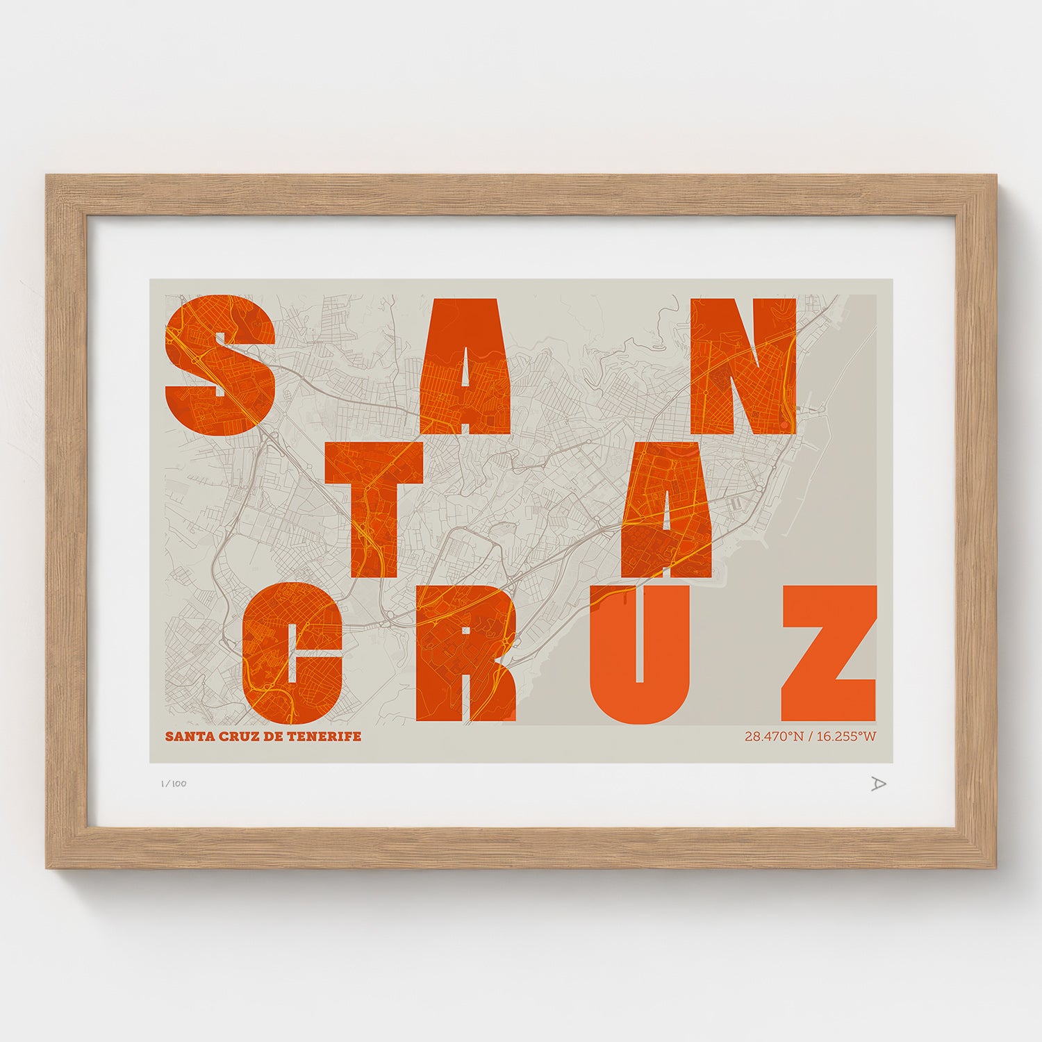 Lámina tipográfica de Santa Cruz de Tenerife – diseño Revoltosa, marco de madera natural