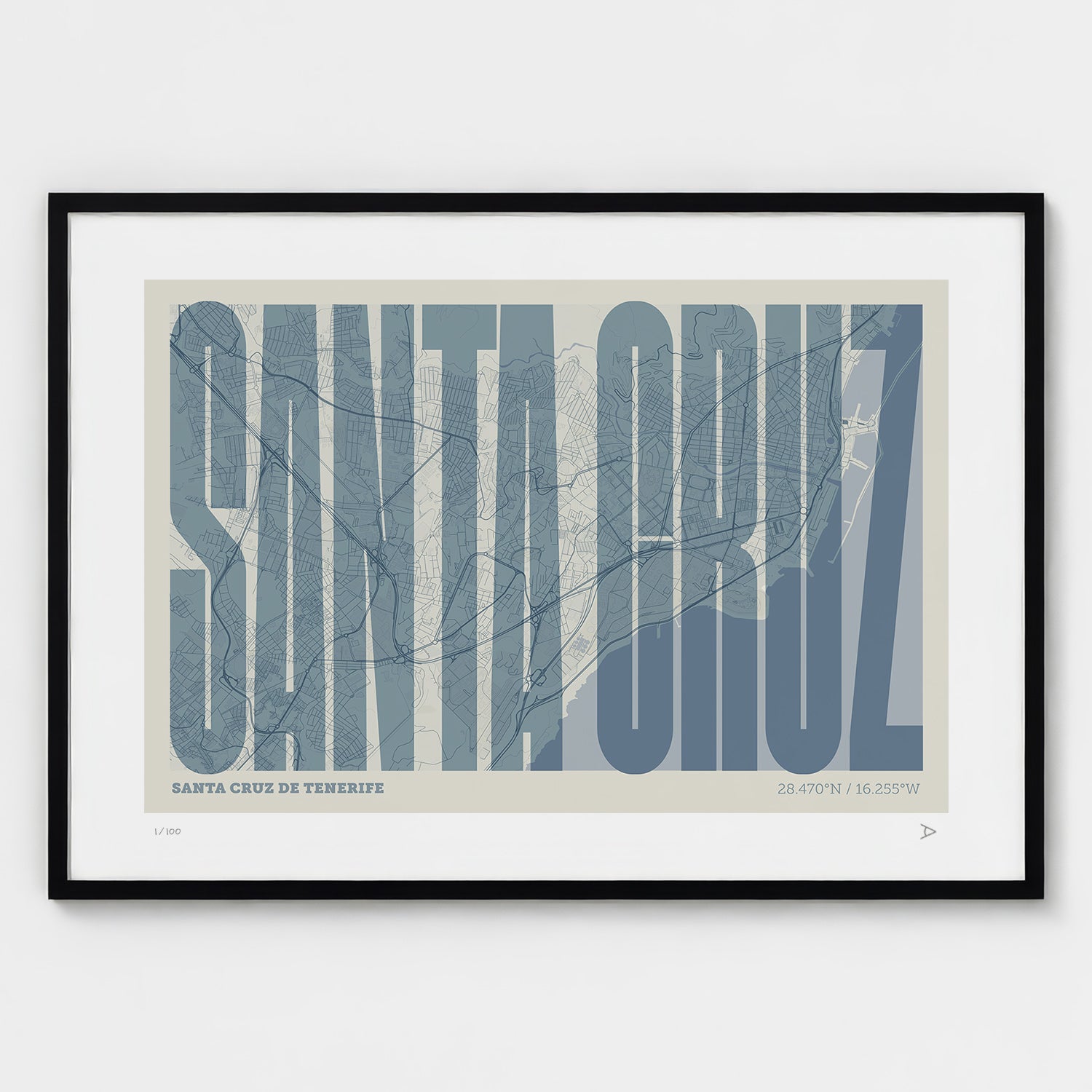 Lámina tipográfica de Santa Cruz de Tenerife – diseño Extra Comprimida, marco negro
