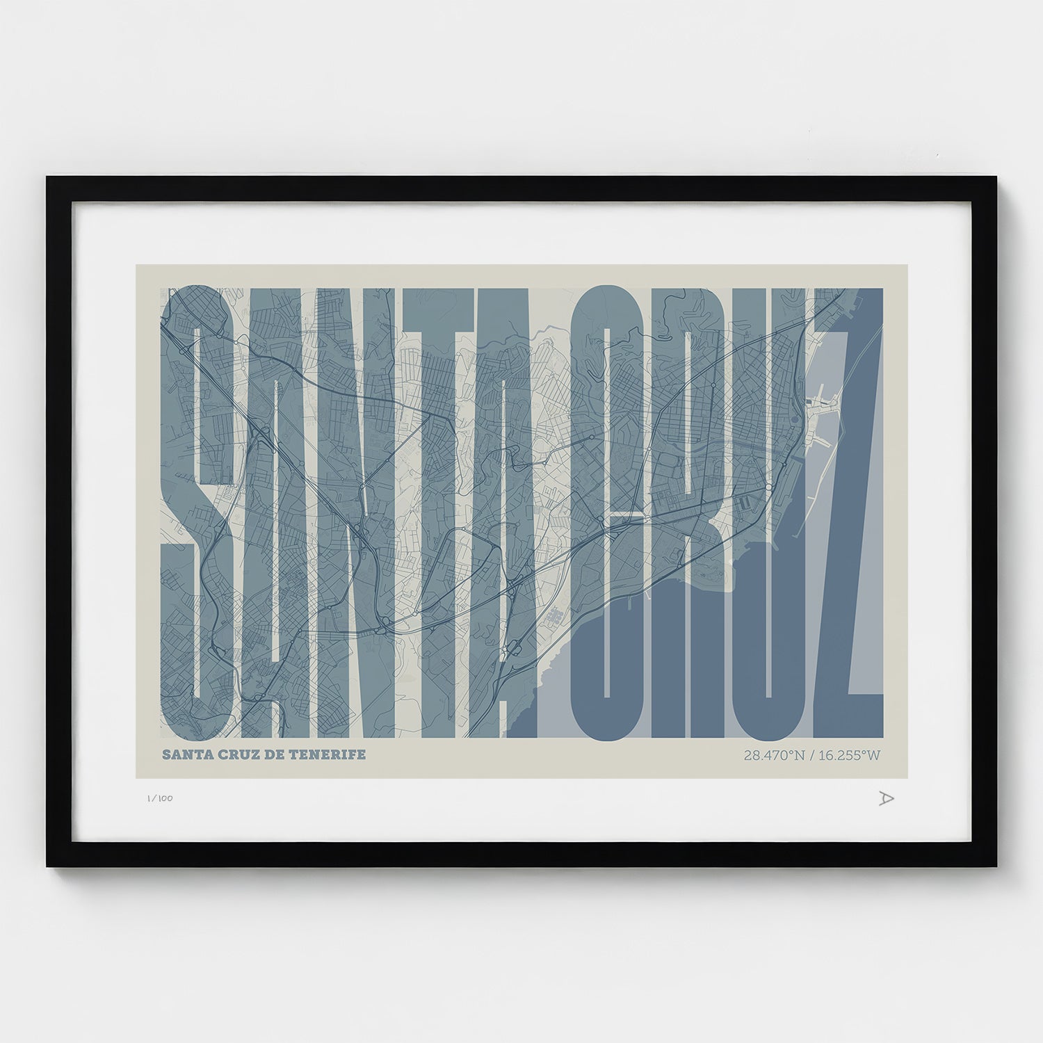 Lámina tipográfica de Santa Cruz de Tenerife – diseño Extra Comprimida, marco negro