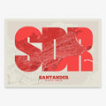 Decorative print of Santander composed with letters in a heavy geometric font printed on red and an off-white background