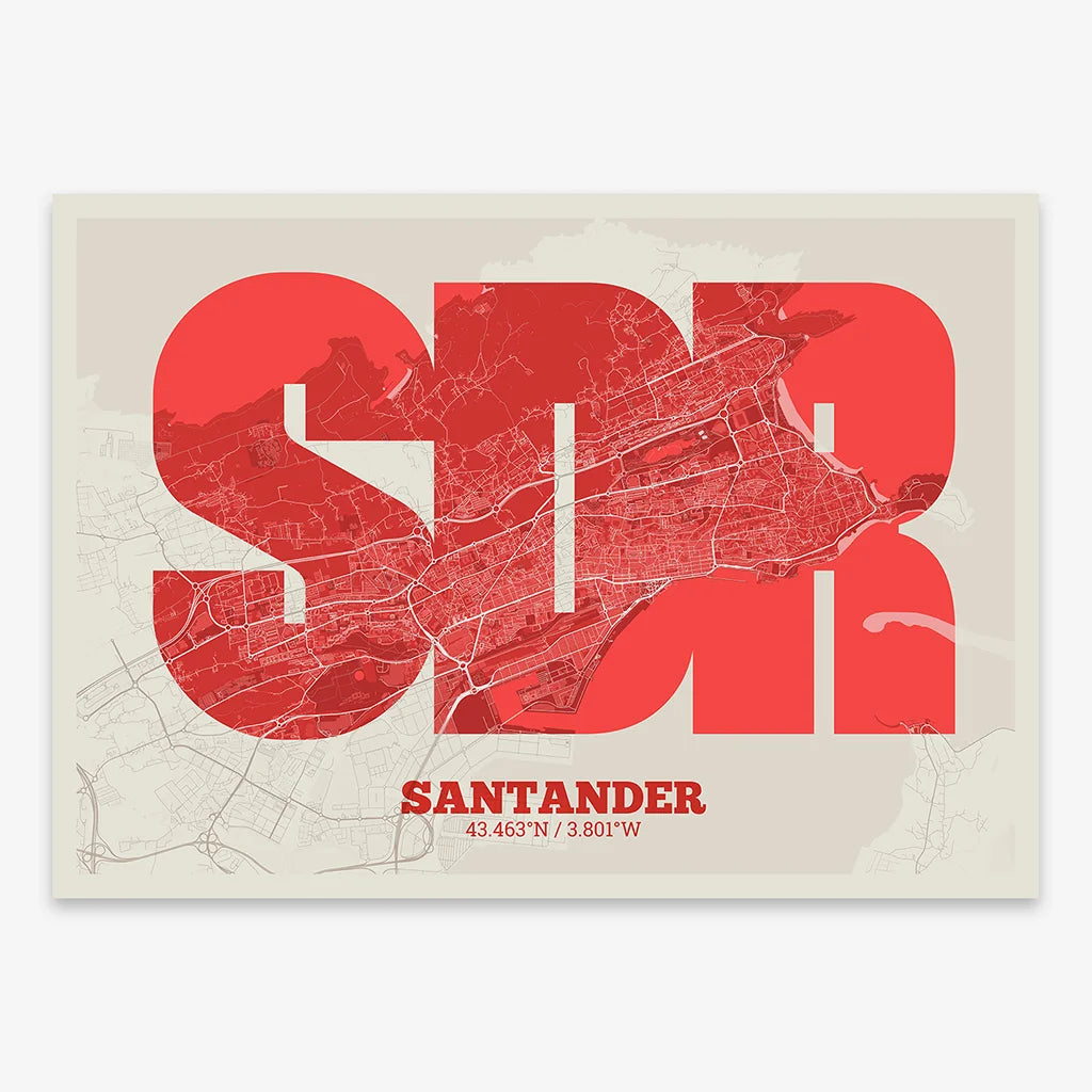Decorative print of Santander composed with letters in a heavy geometric font printed on red and an off-white background