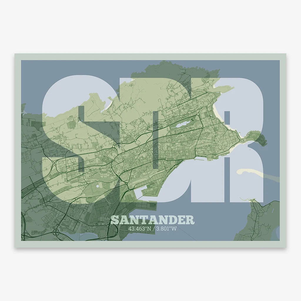 Decorative print of Santander composed with letters in a heavy geometric font printed on two green tones