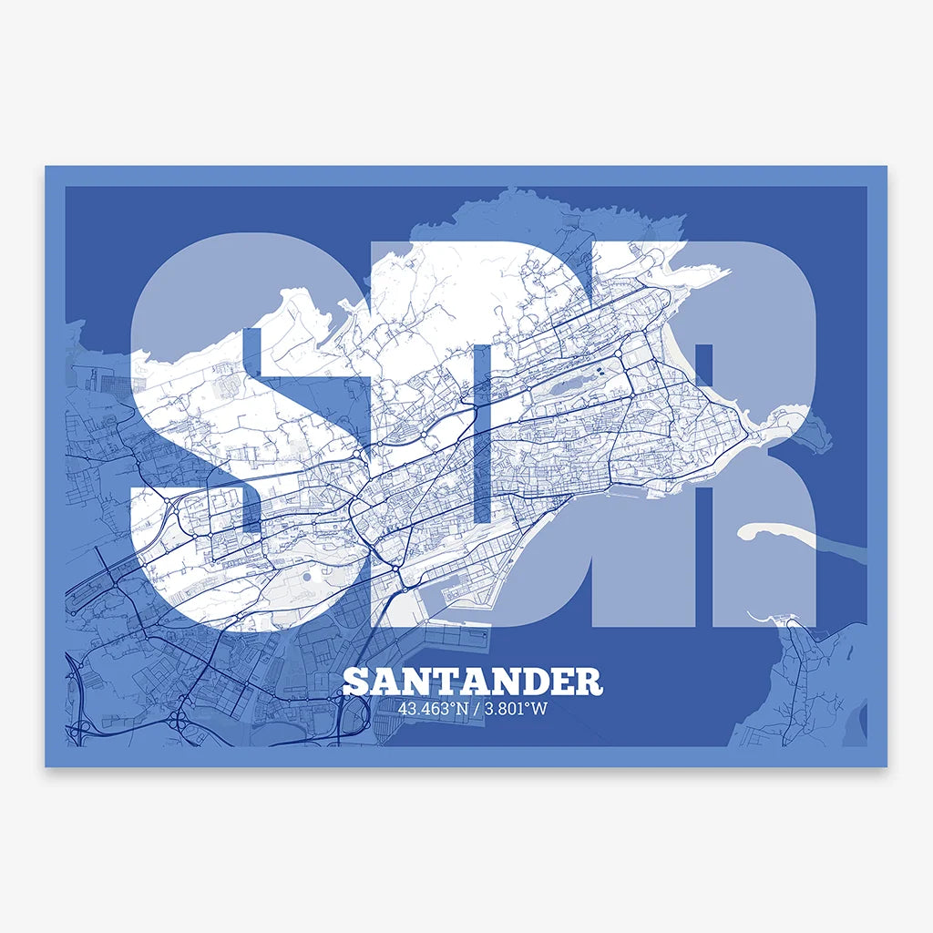 Decorative print of Santander composed with letters in a heavy geometric font printed on navy blue and white