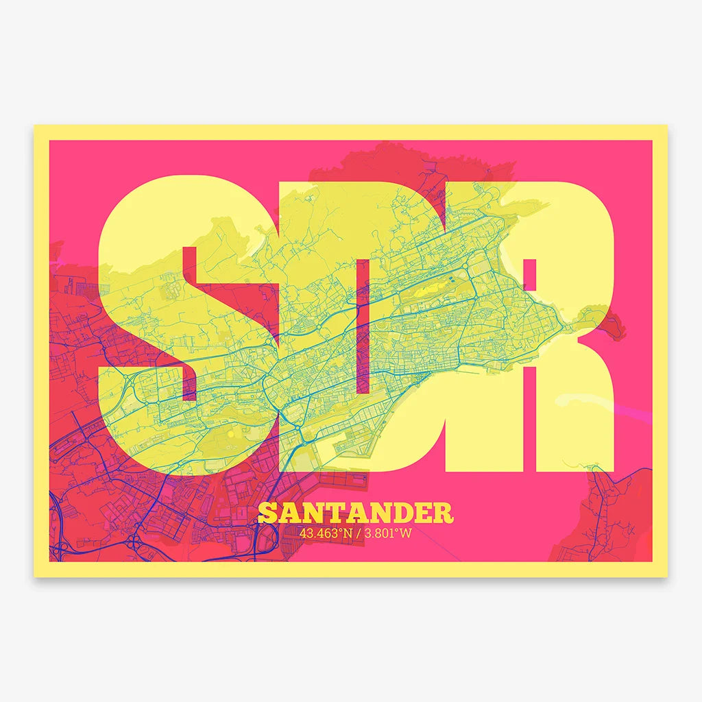 Decorative print of Santander composed with letters in a heavy geometric font printed on yellow and fuchsia