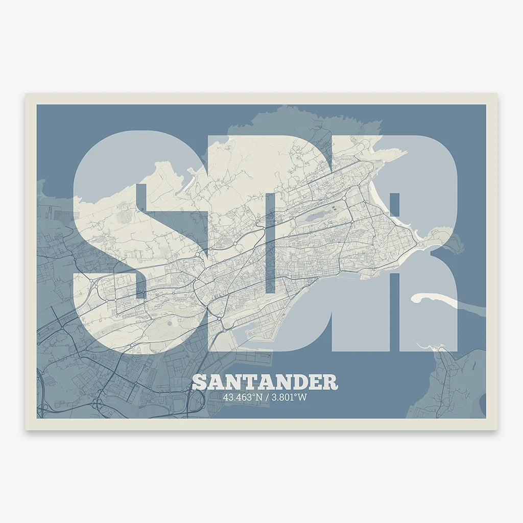 Decorative print of Santander composed with letters in a heavy geometric font printed on bluish gray and an off-white background