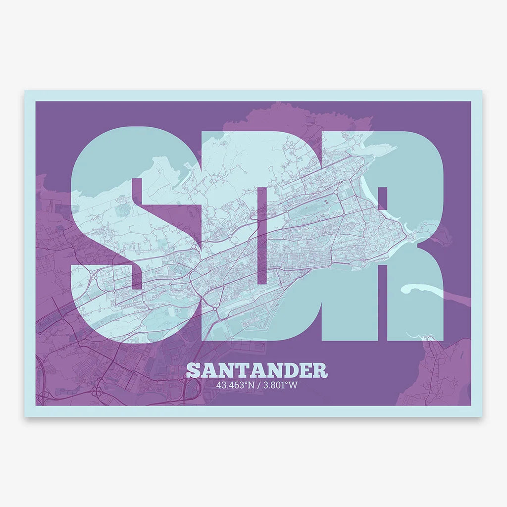 Decorative print of Santander composed with letters in a heavy geometric font printed on purple and light blue