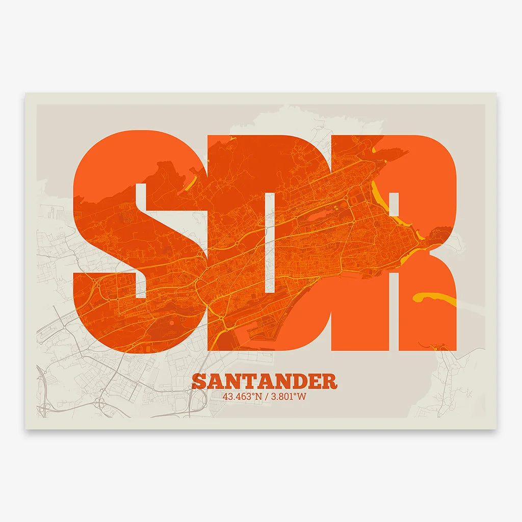 Decorative print of Santander composed with letters in a heavy geometric font printed on orange and an off-white background
