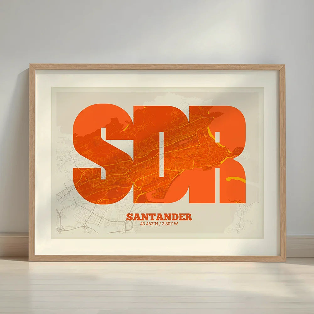 Framed Santander in Super Bold design, a typographic poster where the city map is overlaid with extra-thick lettering for a modern, high-impact look designed in orange and an off-white background with a white margin border in a warm lit minimalist setting