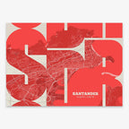 Poster of Santander composed with letters from its abbreviation or its airport IATA code printed on red and an off-white background