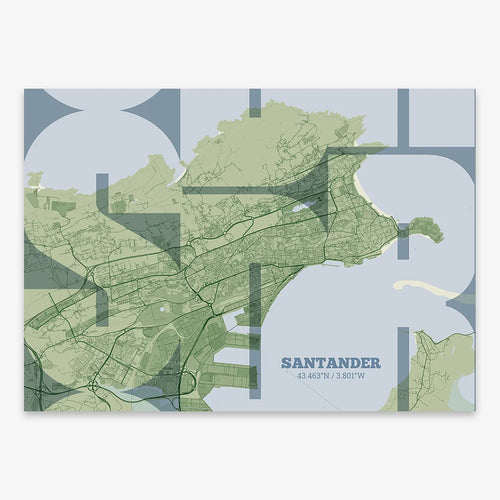 Mapa de Santander en mi diseño la Inseparable, una visión artística con una tipografía expresiva que muestra la abreviatura del nombre sobre el mapa detallado diseñado en dos tonos de verde