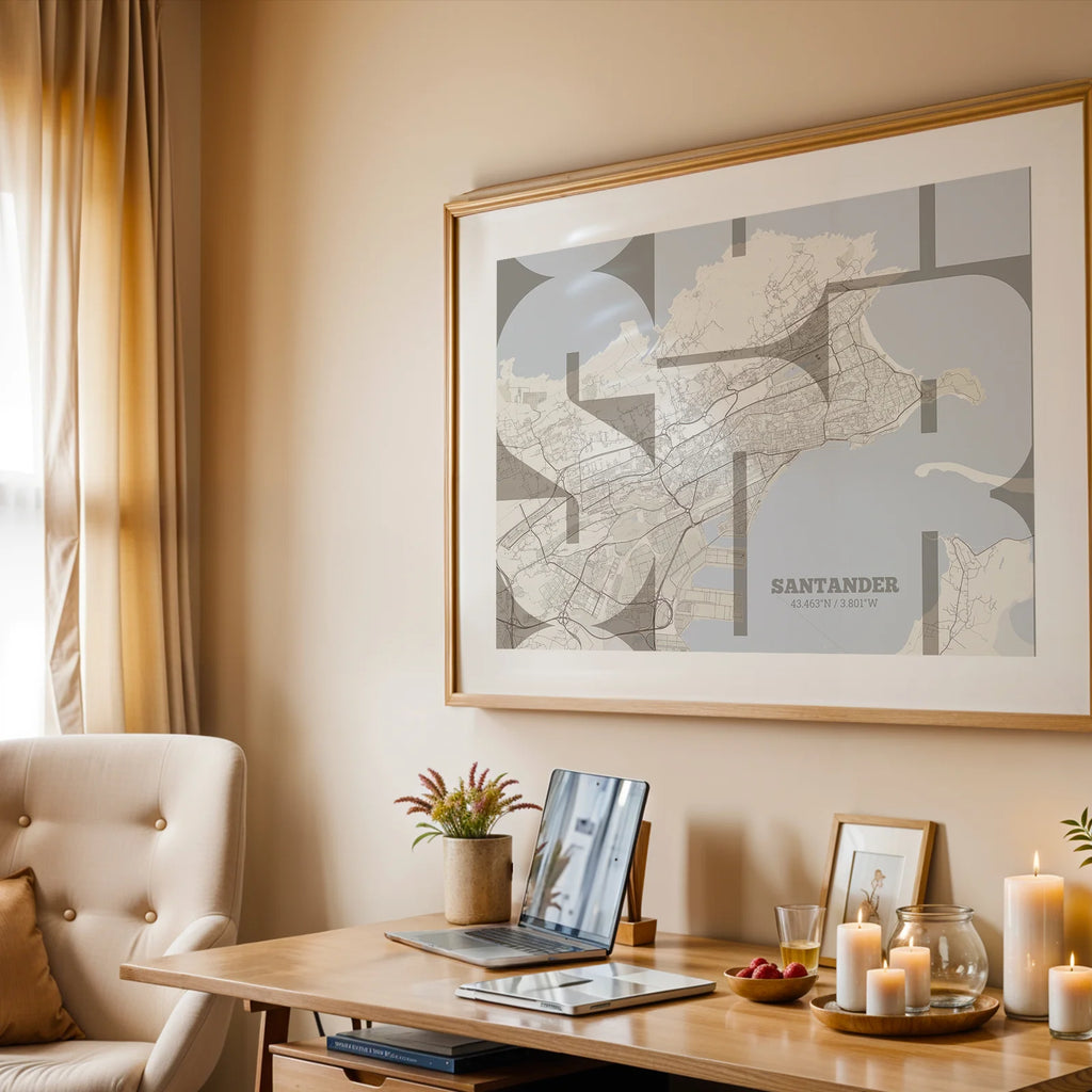 Diseño de interiores moderno con la lámina de Santander en mi diseño la Inseparable, una visión artística con una tipografía expresiva que muestra la abreviatura del nombre sobre el mapa detallado diseñado en marrón claro y fondo blanco roto, expuesto en la pared de un salón