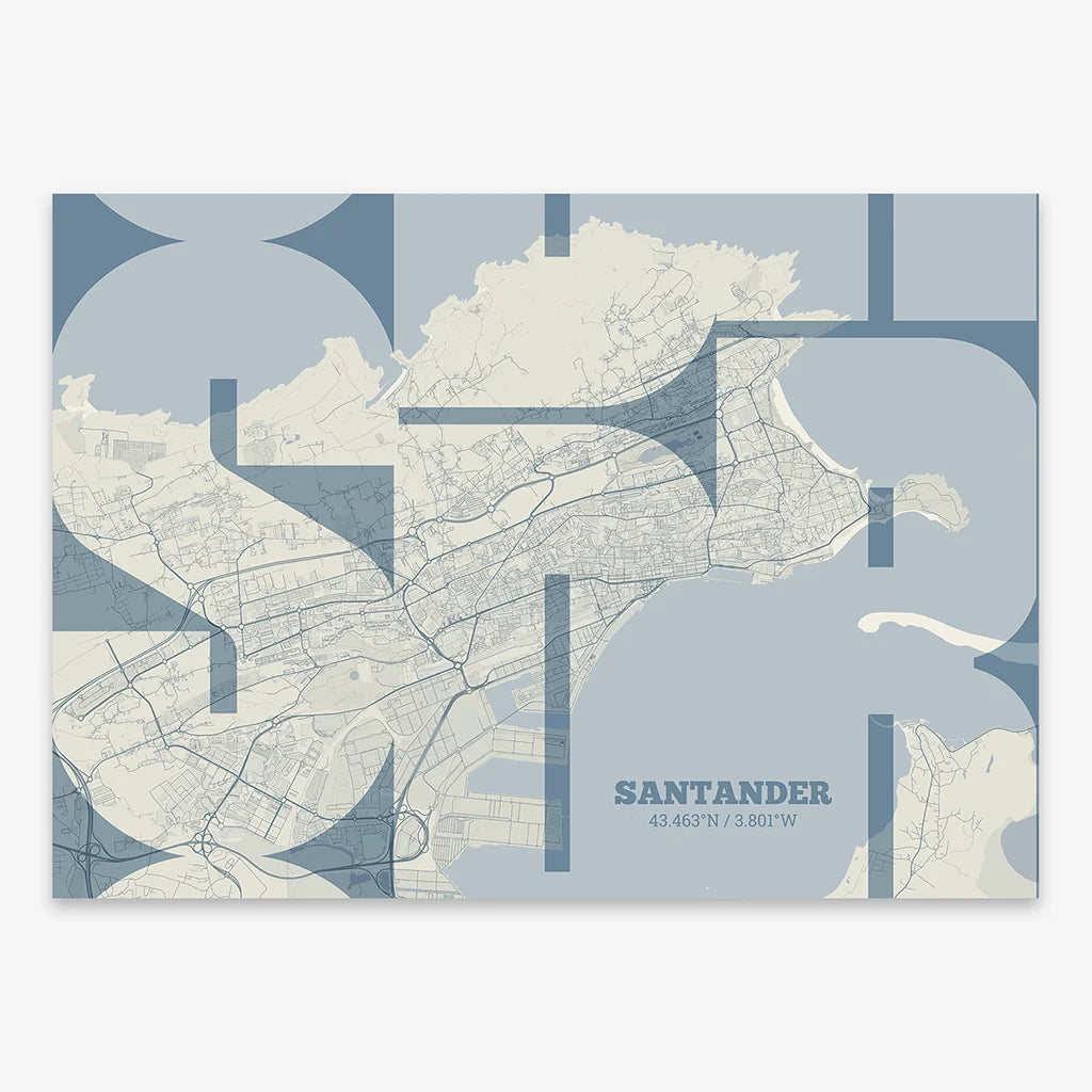 Poster of Santander composed with letters from its abbreviation or its airport IATA code printed on bluish gray and an off-white background