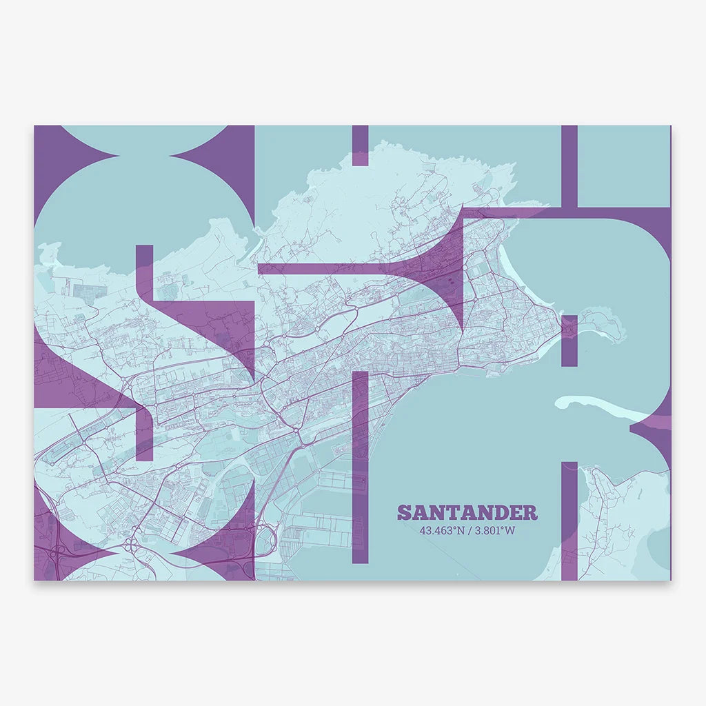 Poster of Santander composed with letters from its abbreviation or its airport IATA code printed on purple and light blue