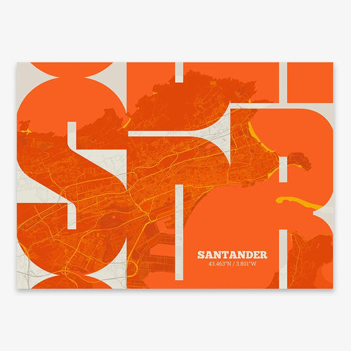 Mapa de Santander en mi diseño la Inseparable, una visión artística con una tipografía expresiva que muestra la abreviatura del nombre sobre el mapa detallado diseñado en naranja y fondo blanco roto