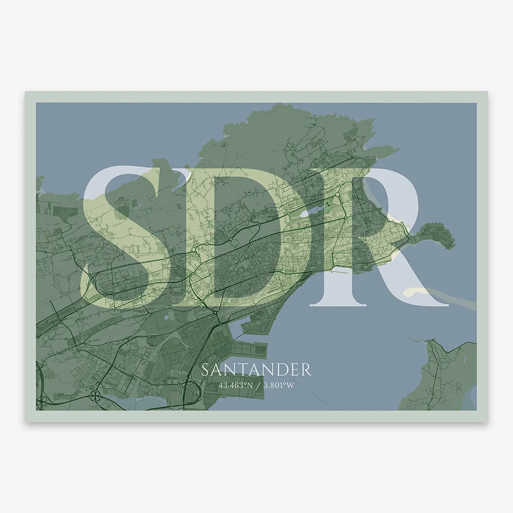 Decorative map of Santander composed with letters in serif font printed on two green tones