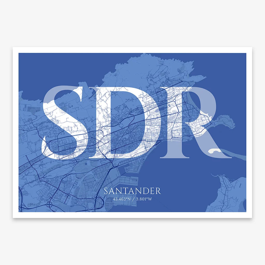 Decorative map of Santander composed with letters in serif font printed on navy blue and white
