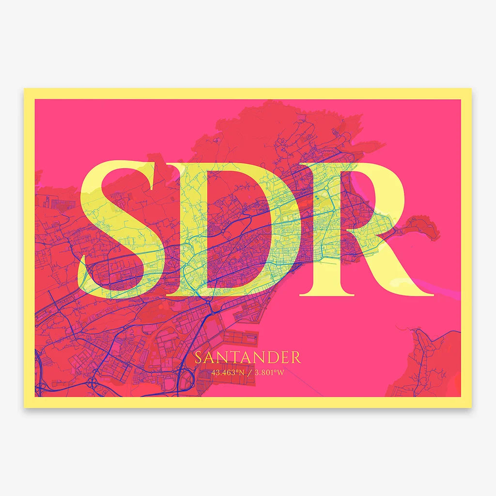 Decorative map of Santander composed with letters in serif font printed on yellow and fuchsia