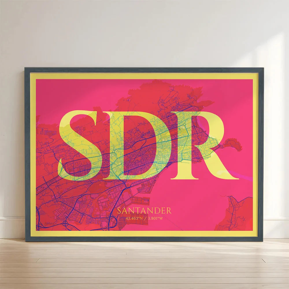 Framed Santander in Classic design, inspired by chiseled typography with an elegant font that creates a beautiful visual contrast designed in yellow and fuchsia with no border edge-to-edge print leaning against a wall