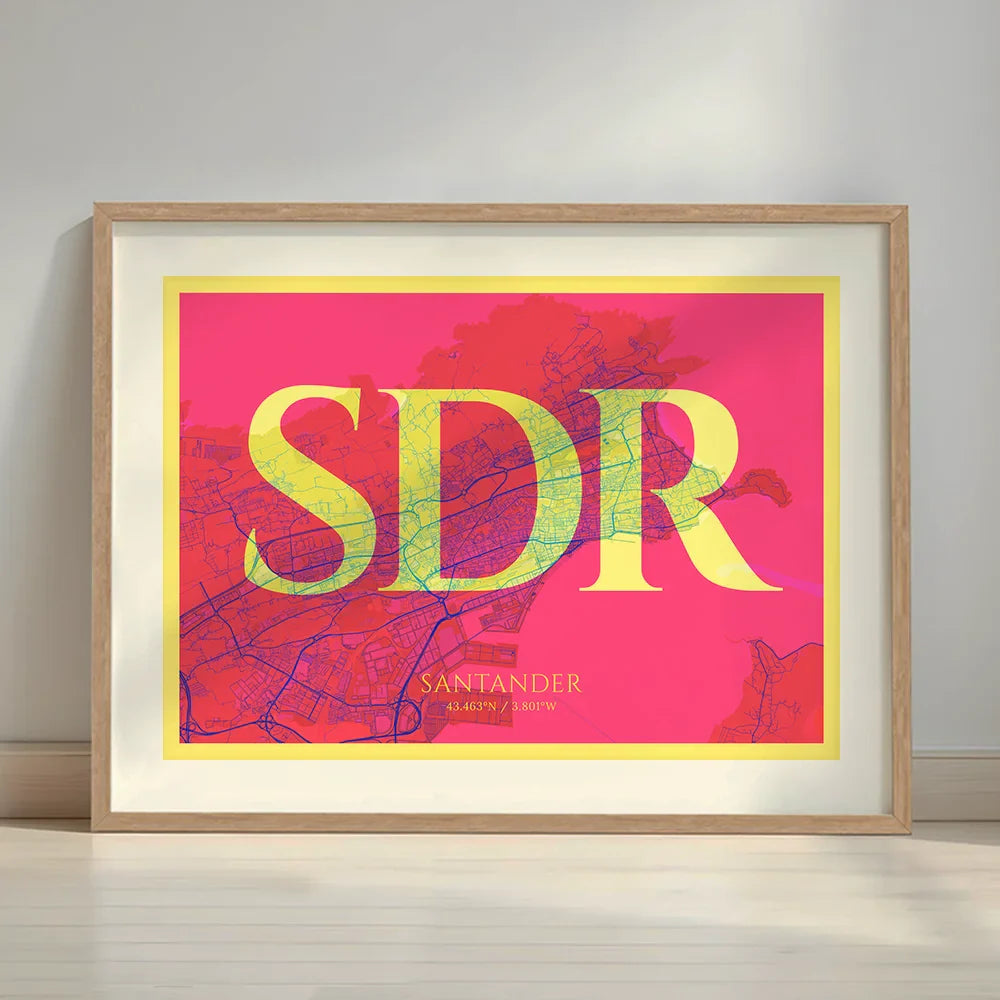 Framed Santander in Classic design, inspired by chiseled typography with an elegant font that creates a beautiful visual contrast designed in yellow and fuchsia with a white margin border in a warm lit minimalist setting