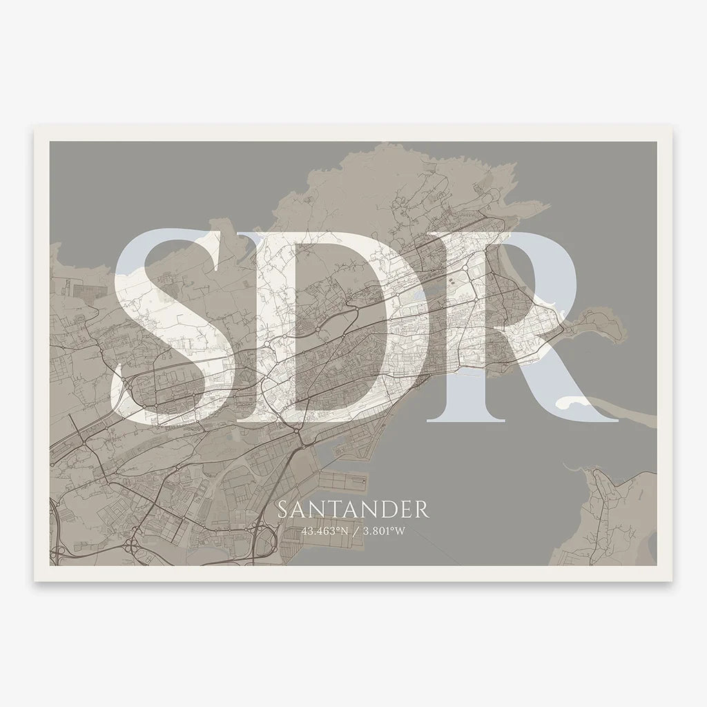 Decorative map of Santander composed with letters in serif font printed on light brown and an off-white background