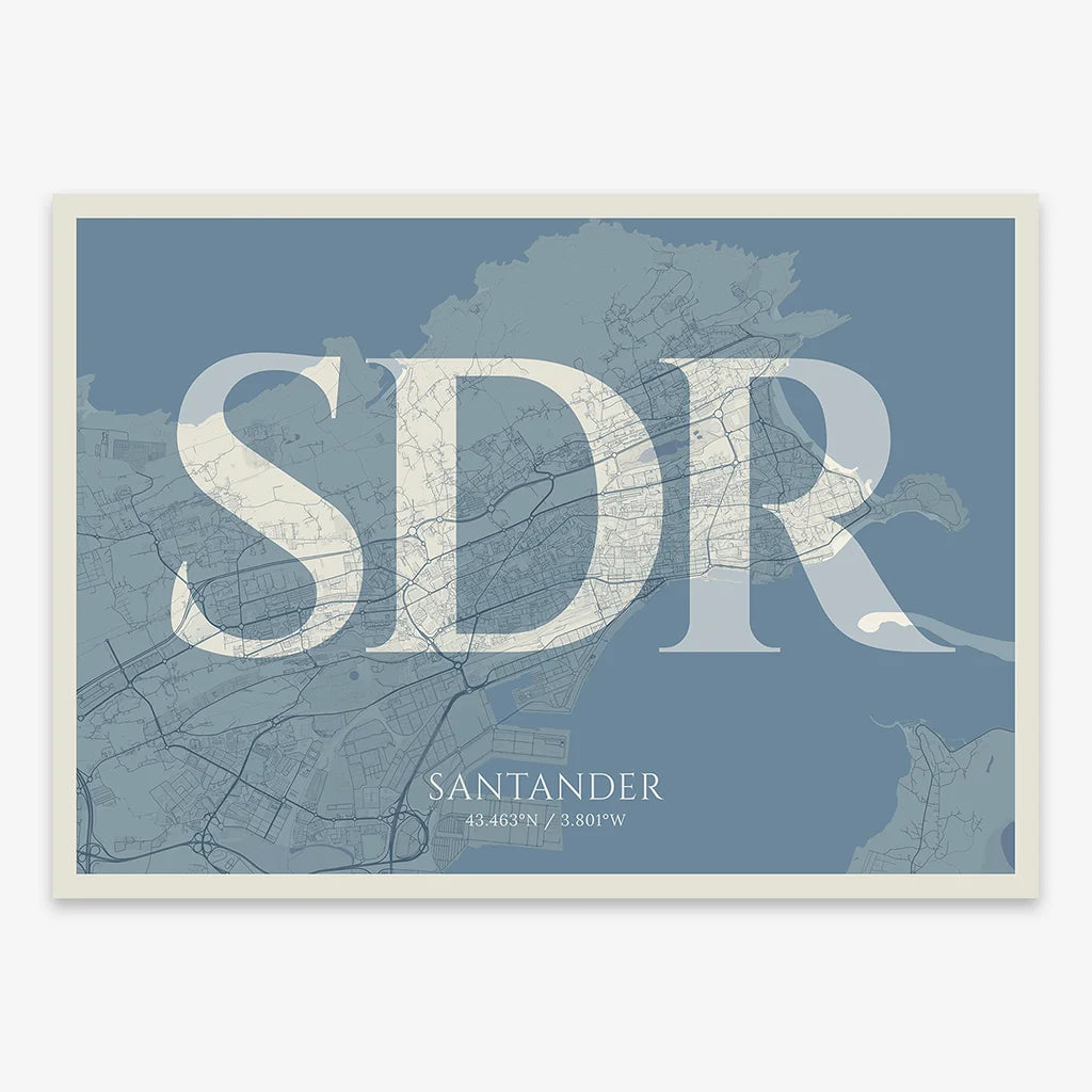 Decorative map of Santander composed with letters in serif font printed on bluish gray and an off-white background
