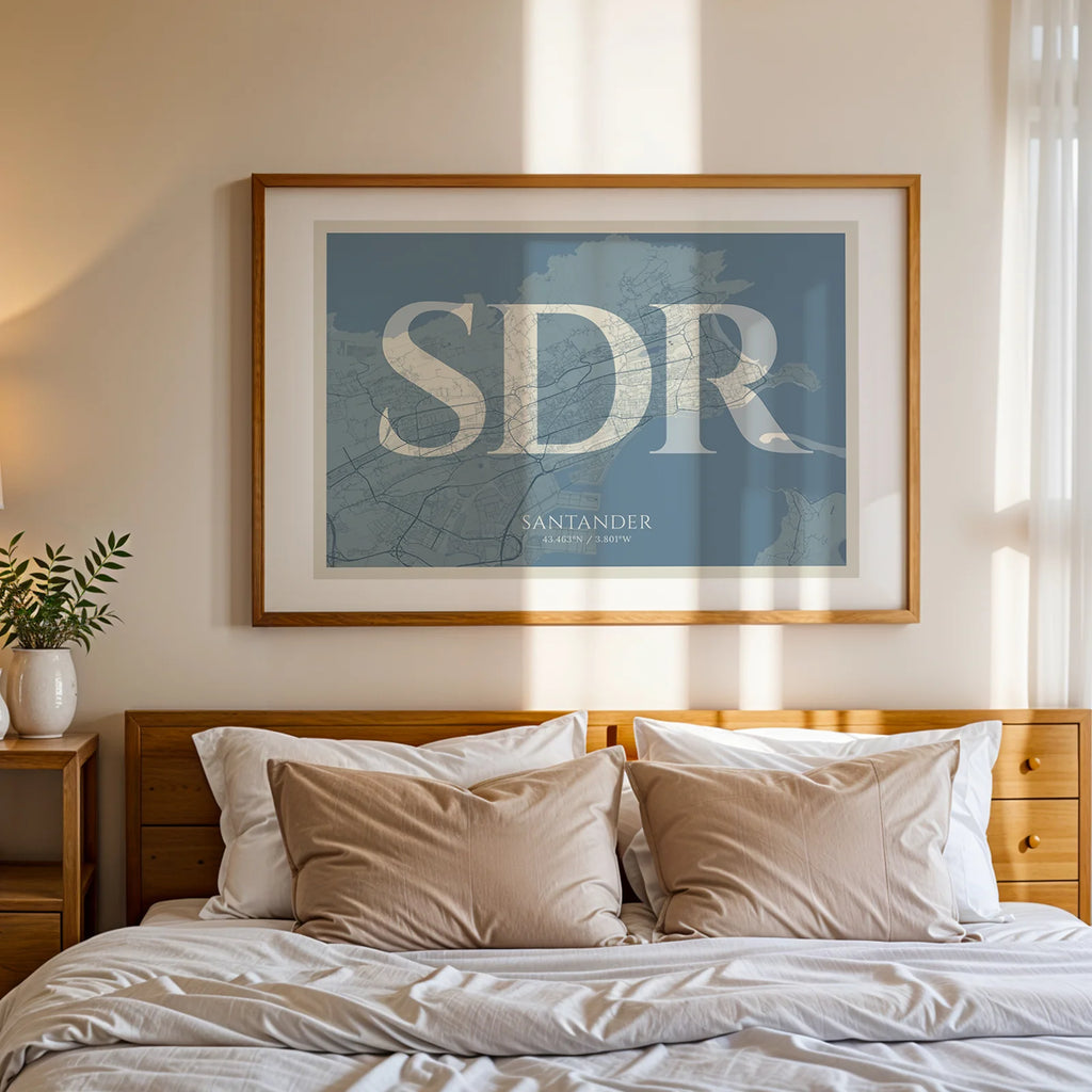 Modern interior design with a Santander in Classic design, inspired by chiseled typography with an elegant font that creates a beautiful visual contrast designed in bluish gray and an off-white background, displayed on a living room wall