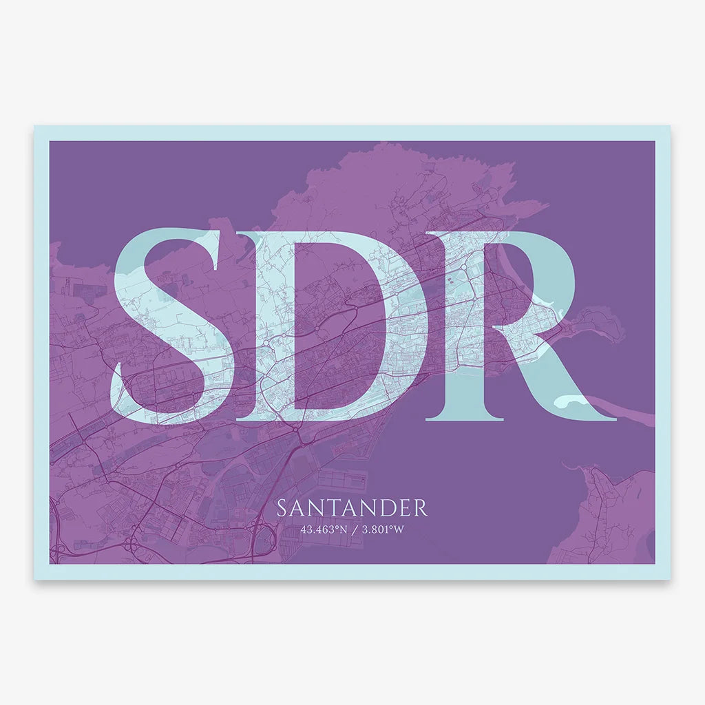 Decorative map of Santander composed with letters in serif font printed on purple and light blue