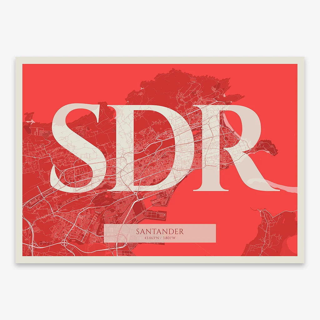 The map of Santander in Classic design, inspired by chiseled typography with an elegant font that creates a beautiful visual contrast designed in red and an off-white background