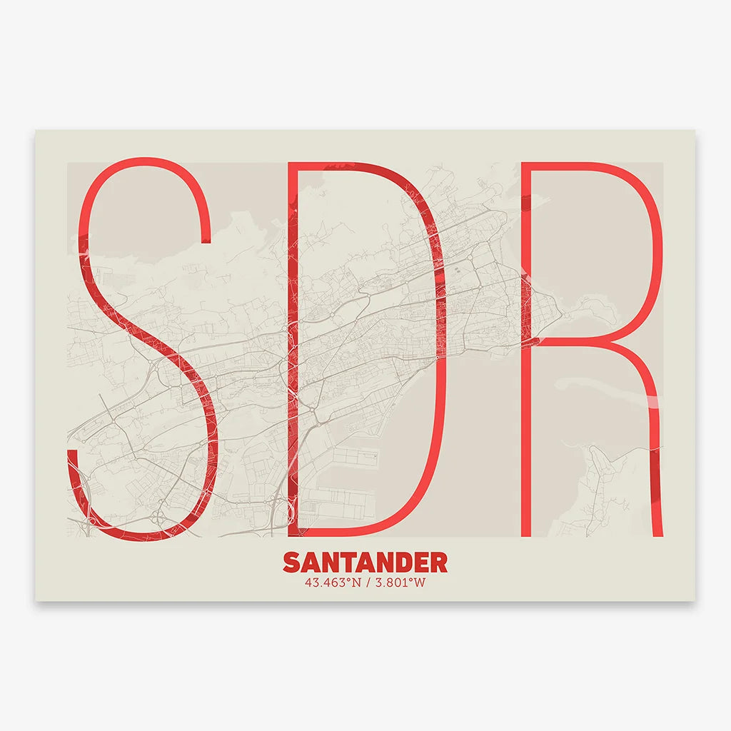 The map of Santander in Ultralight design, a minimalist aesthetic combining urban cartography with modern, extra-thin elegant lettering designed in red and an off-white background