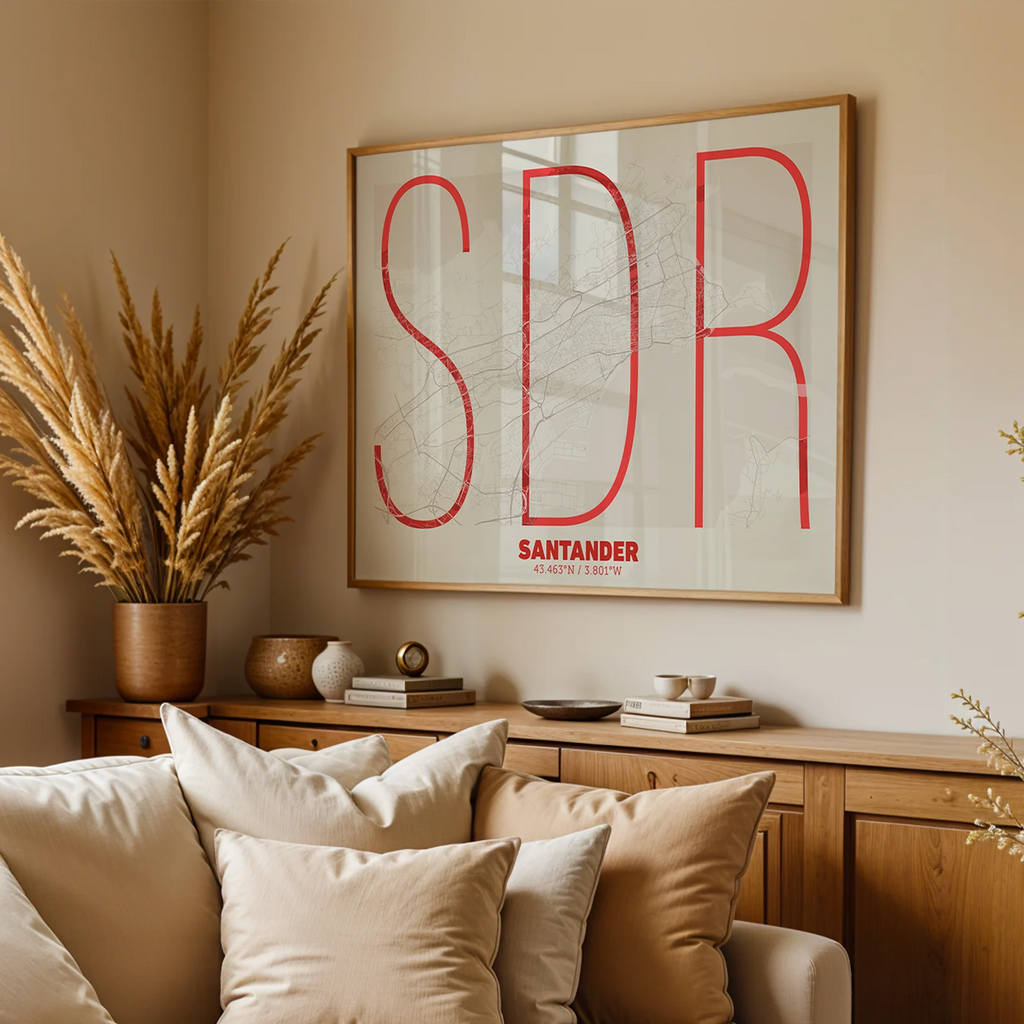 Modern interior design with a Santander in Ultralight design, a minimalist aesthetic combining urban cartography with modern, extra-thin elegant lettering designed in red and an off-white background, displayed on a living room wall