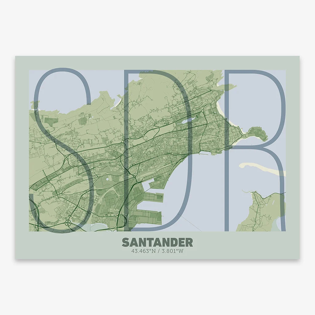 Poster of Santander composed with letters in extra light font printed on two green tones