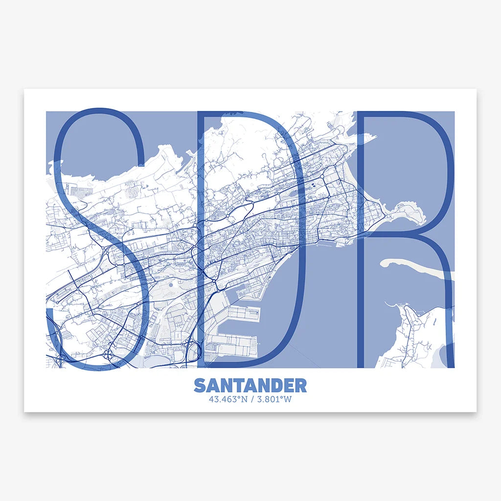 Poster of Santander composed with letters in extra light font printed on navy blue and white