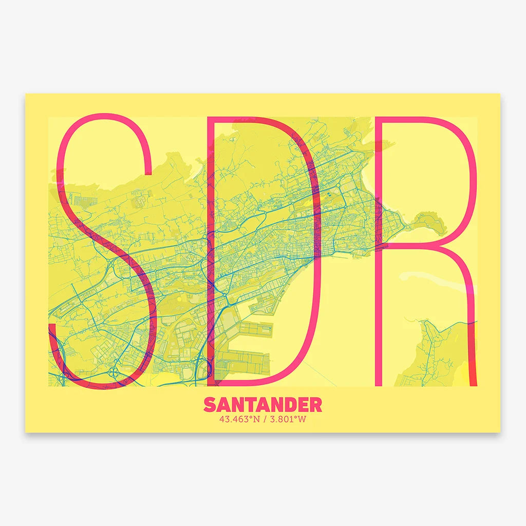 Poster of Santander composed with letters in extra light font printed on yellow and fuchsia