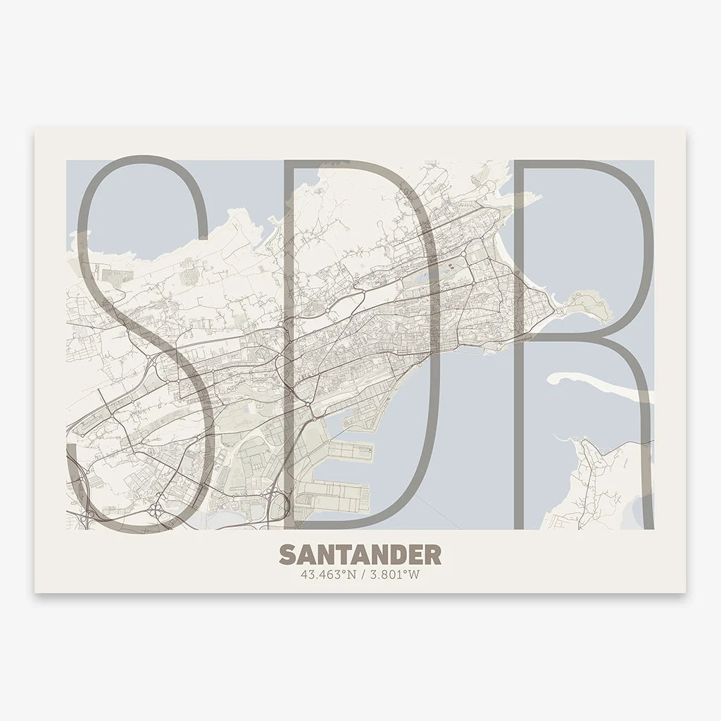 Poster of Santander composed with letters in extra light font printed on light brown and an off-white background