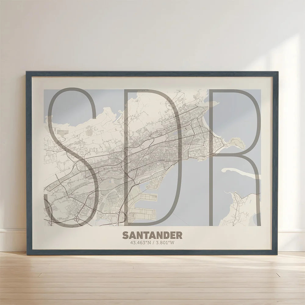 Framed Santander in Ultralight design, a minimalist aesthetic combining urban cartography with modern, extra-thin elegant lettering designed in light brown and an off-white background with no border edge-to-edge print leaning against a wall