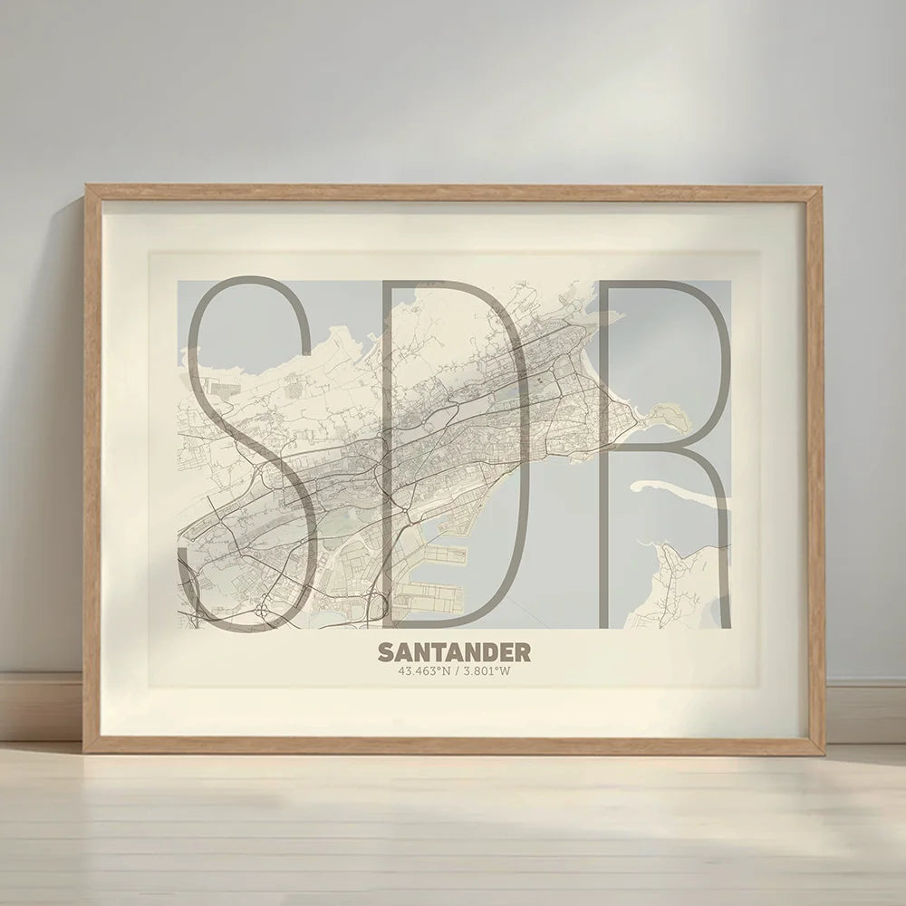Framed Santander in Ultralight design, a minimalist aesthetic combining urban cartography with modern, extra-thin elegant lettering designed in light brown and an off-white background with a white margin border in a warm lit minimalist setting